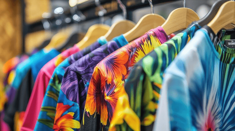 O poder da PERSONALIZAÇÃO: mudanças no mercado e tendências do setor T-shirts coloridas com padrões florais penduradas em cabides de madeira