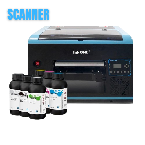 INKONE® VM5 Impressora UV (Scanner) Impressora InkONE preta e azul com frascos de tinta colorida