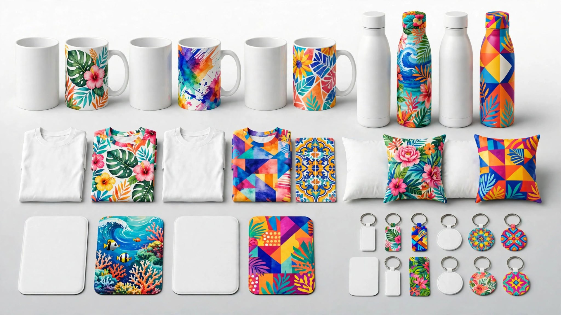 Produtos personalizados com padrões coloridos e fundos brancos dispostos em linha