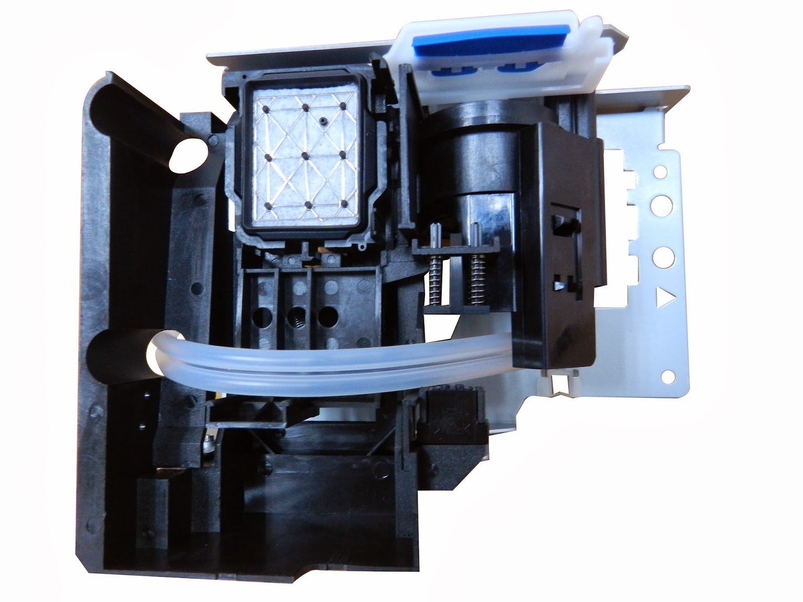 Peça mecânica e eletrónica de plástico preto e metal com tubo transparente