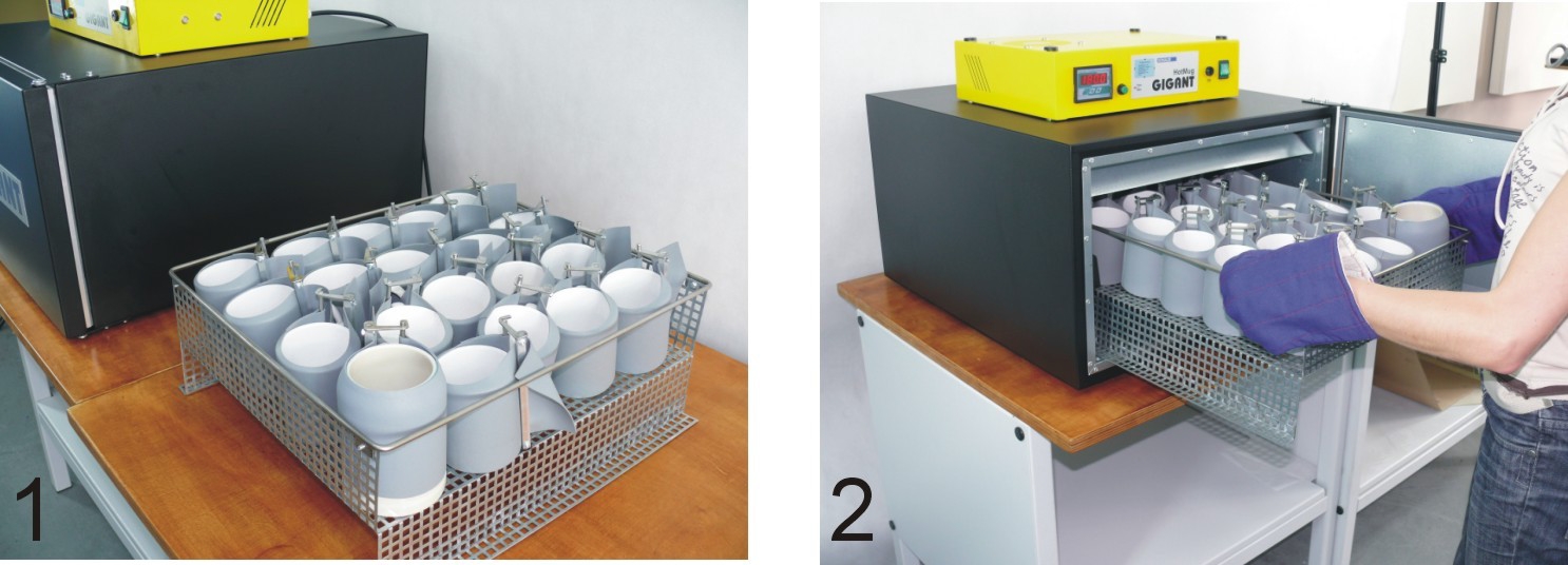 Forno de secagem industrial preto com painel amarelo e canecas brancas numa grelha metálica