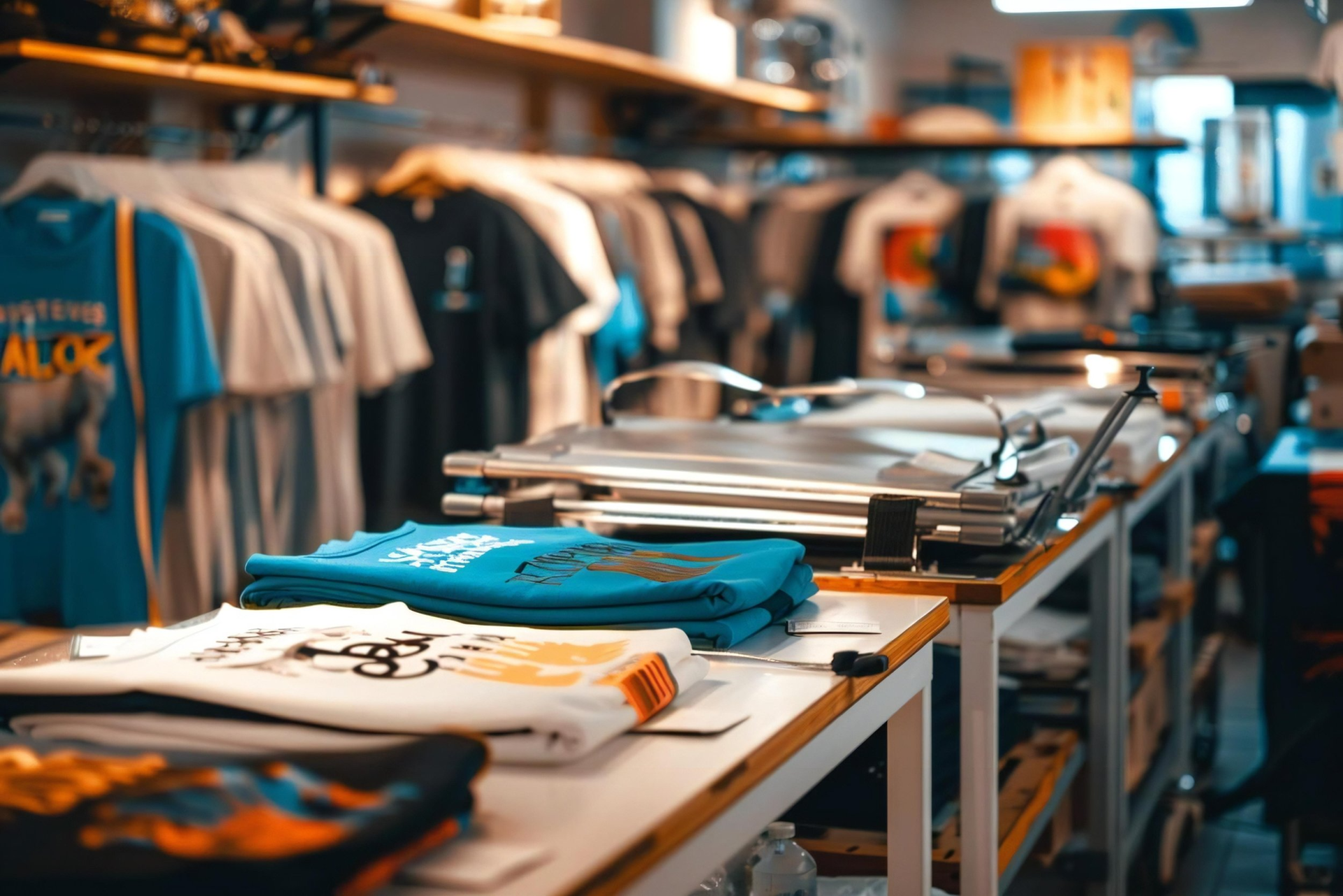 Camisolas dobradas e penduradas numa loja de impressão de t-shirts