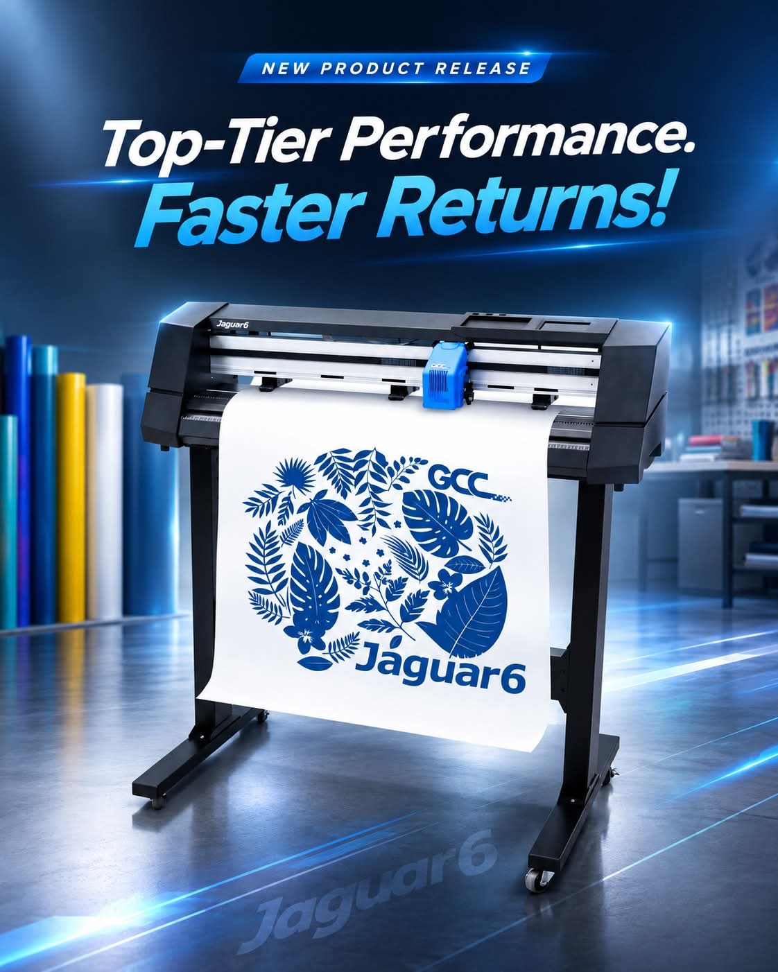 GCC® Plotter de Corte JAGUAR VI Series Impressora de grande formato a imprimir papel com design azul.
