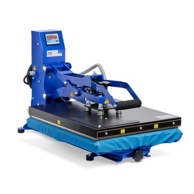 Prensa térmica azul com visor digital e base preta sobre superfície branca