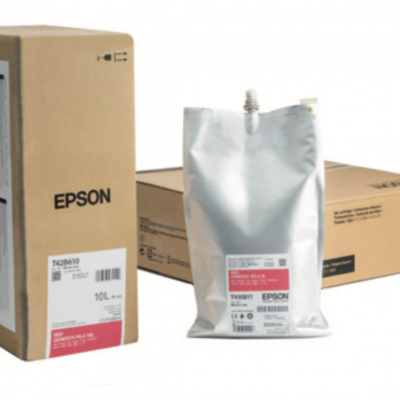 Embalagens de tinta Epson, incluindo saco metálico e caixas de papelão.