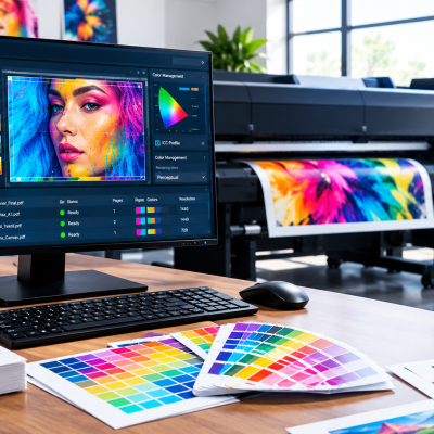 Monitor com software RIP e impressora grande a imprimir imagem colorida em ambiente de escritório
