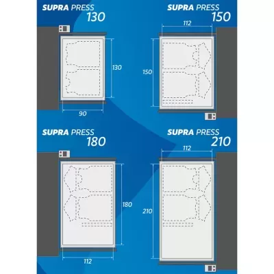 Esquemas de máquinas SUPRA PRESS com dimensões e áreas para peças de vestuário em fundo azul