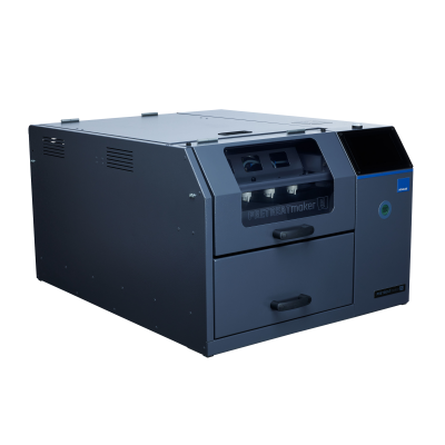 Impressora industrial cinzenta com duas gavetas e visor tátil