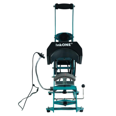 Máquina de estampar InkONE azul e preto com alavanca e cabo