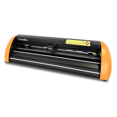 Plotter de corte negro com detalhes em laranja e painel amarelo