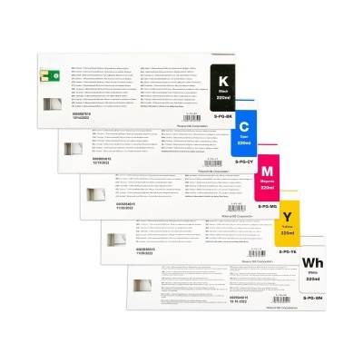 Cinco caixas de tinta para impressora empilhadas em diferentes cores