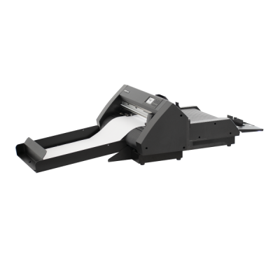 Dispositivo elétrico preto para corte de papel com saída frontal e painel de controle.