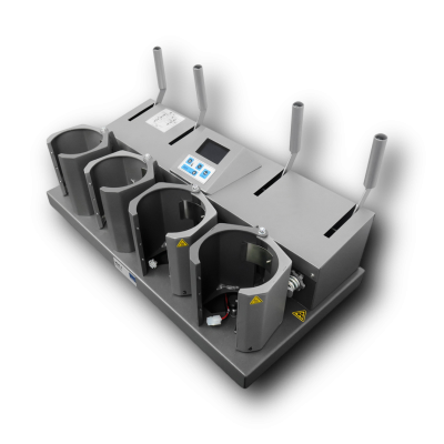 Dispositivo mecânico cinzento com quatro compartimentos e alavancas
