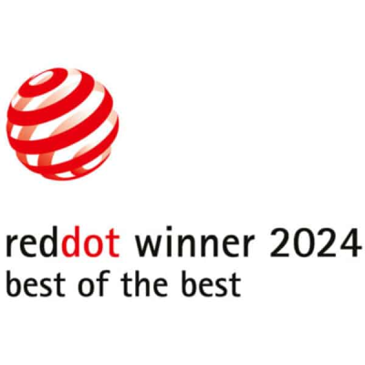Logotipo do prémio Red Dot Winner 2024 com globo vermelho e branco e texto