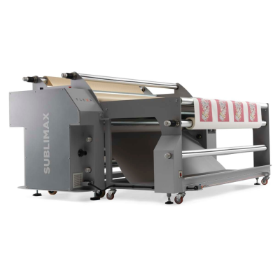 Máquina de impressão sublimática cinzenta com rolos e material impresso floral