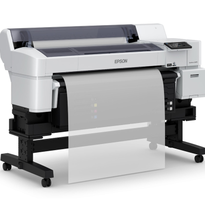 Impressora Epson grande formato branca e preta em suporte com rodas