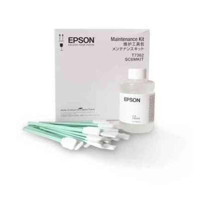 Kit de manutenção Epson com frasco branco de 150ml, aplicadores e caixa branca ao fundo