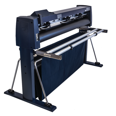 Impressora de grande formato preta com cilindro e suporte em tripé