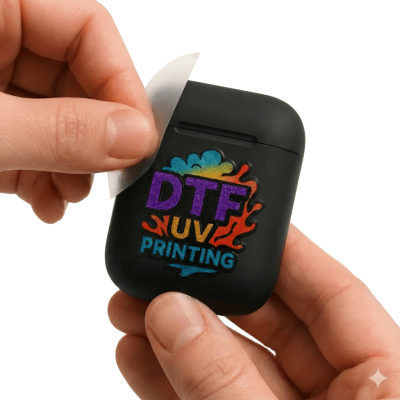 Estojo preto para auscultadores com autocolante colorido com texto DTF UV PRINTING