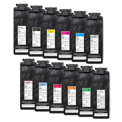 Conjunto de 14 cartuchos de tinta Epson em embalagens pretas com etiquetas de cores e textos visíveis.