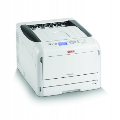 Impressora OKI Pro8432WT branca com painel azul e botões