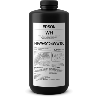 frasco preto de tinta Epson WH com rótulo branco e texto preto
