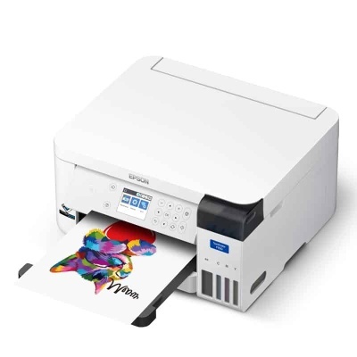 Impressora Epson branca a imprimir página colorida com imagem de cervo