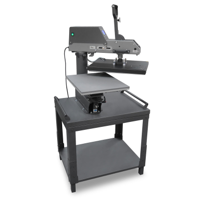 Máquina de estampagem térmica cinza e preta com suporte de aço