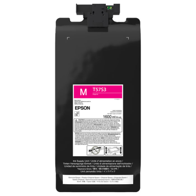 Cartucho de tinta Epson T57S3 magenta de 1600 ml em embalagem preta com etiqueta rosa e branca.