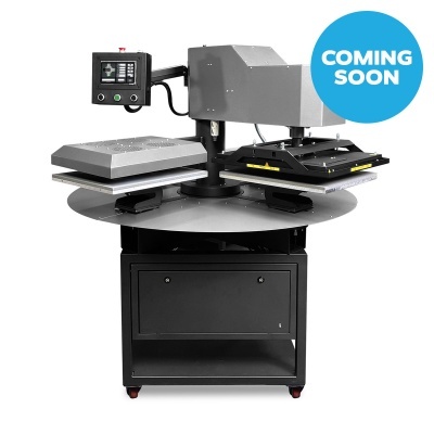 Máquina de estampagem rotativa cinza e preta com ecrã digital e duas plataformas quadradas