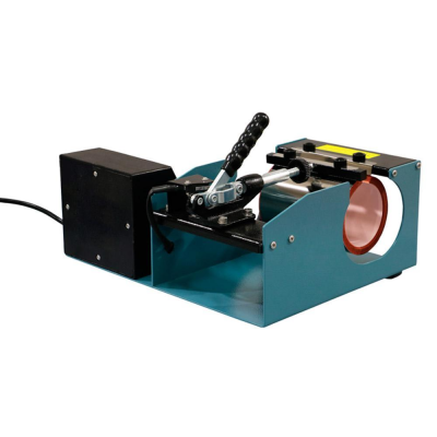 Máquina de prensagem de canecas azul com alavanca preta e resistência cilíndrica cobre