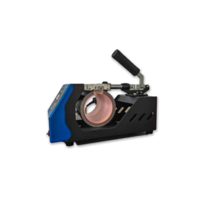 Máquina preta e azul para aplicação de fita adesiva com alavanca preta e rolo salmão