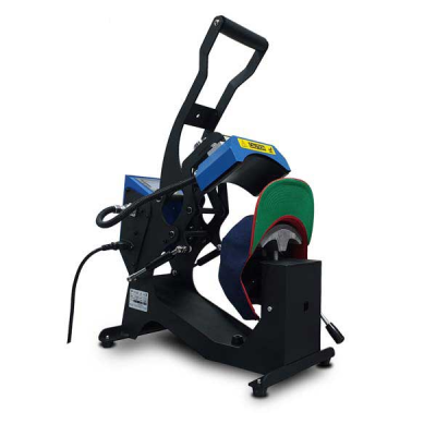 Prensa térmica para bonés preta com almofada vermelha e verde