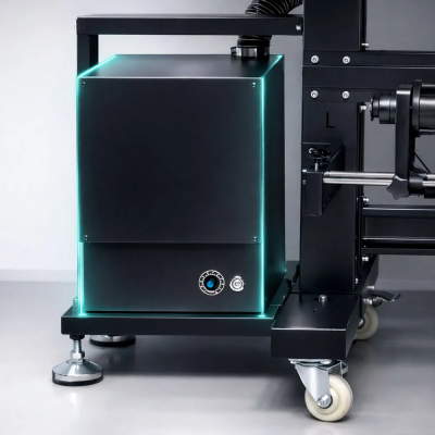 Equipamento industrial preto com luzes azuis e rodas sobre piso cinza