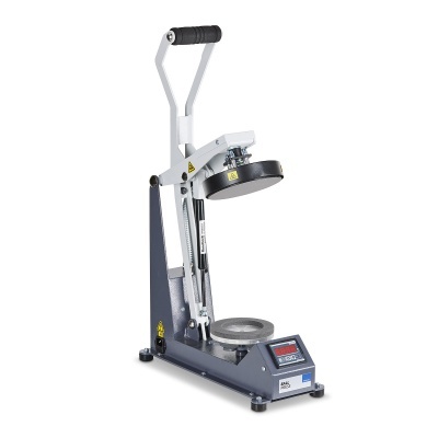 Prensa térmica portátil cinza e branca com painel digital