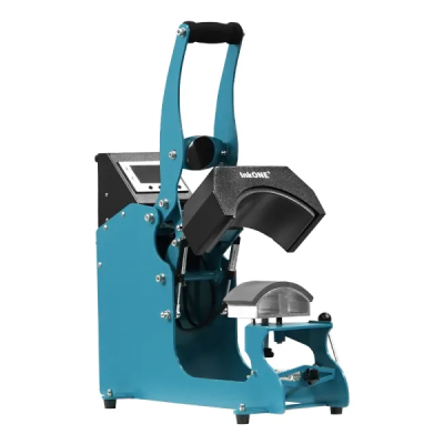 Prensa térmica azul com alavanca preta e cobertura preta com texto InkONE