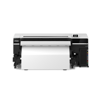 Impressora Epson grande formato preta com visor digital e papel branco.