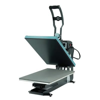 Prensa térmica preta e azul com alça