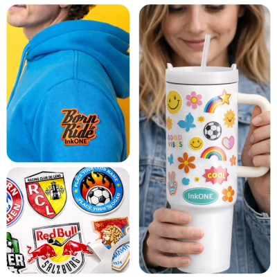 Hoodie azul com bordado, caneca branca decorada com autocolantes, vários autocolantes de emblemas e logótipos