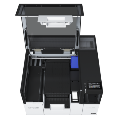 Impressora 3D Epson Workforce NX-50 branca e preta com tampa transparente aberta