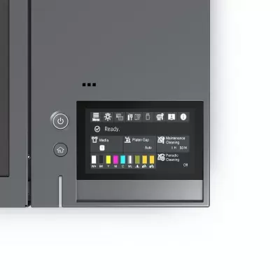 Impressora cinza com ecrã digital colorido e botões laterais