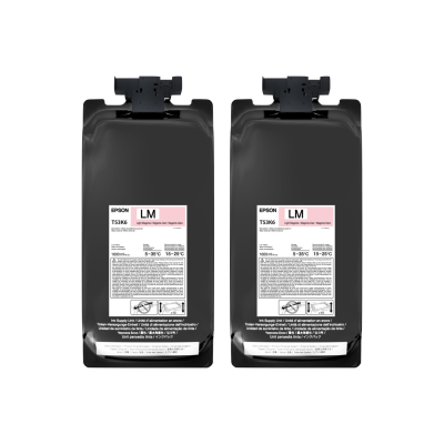 Duas embalagens pretas de tinta para impressora Epson com etiquetas brancas e rosas.