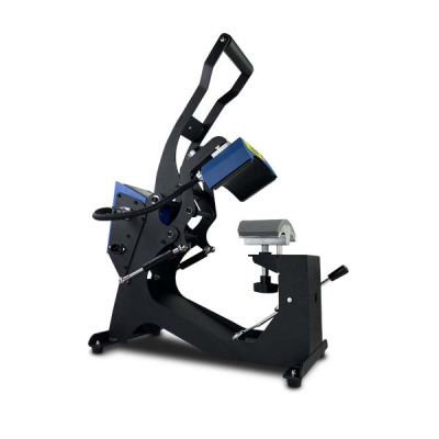 Máquina de prensa térmica para chapéus preta com painel azul e alavanca