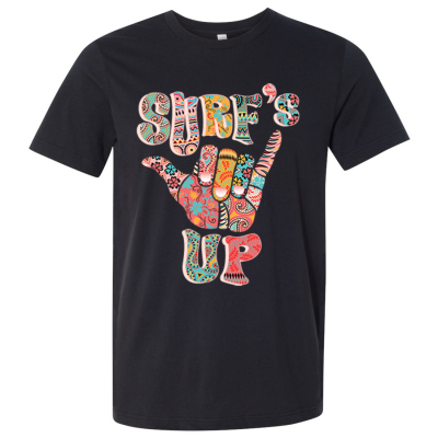 T-shirt preta com estampa colorida 'SURF'S UP' e sinal de mão