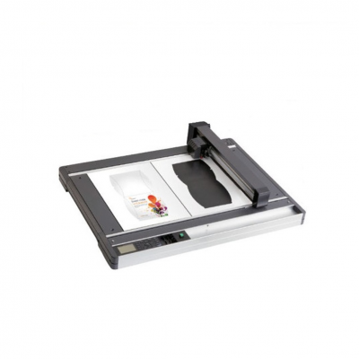 Mesa digitalizadora horizontal preta e cinza com folha e área recortada