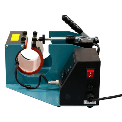 Máquina de aquecimento para impressão em canecas, estrutura azul e painel preto com interruptor vermelho