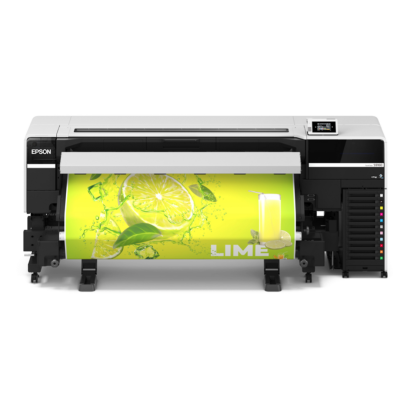 Impressora Epson a imprimir cartaz amarelo com lima e copo de sumo