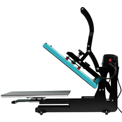 Máquina térmica de prensagem preta e azul turquesa com alavanca curva e botão vermelho