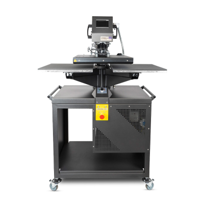 Máquina de impressão térmica preta industrial com base metálica e painel de controlo