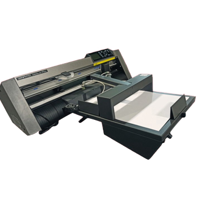 Impressora plana industrial cinza escuro com bandeja de material branco